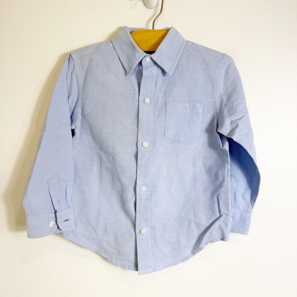 Janie and Jack Button Down Shirt Boys 3 Blue Linen Cotton Blend Long Sleeve